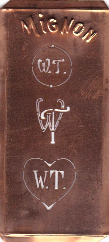 WT - Hübsche alte Kupfer Schablone mit 3 Monogramm-Ausführungen