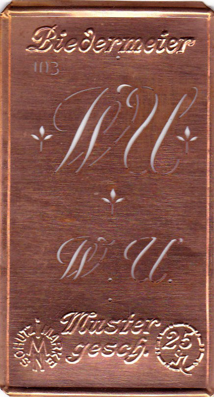 www.knopfparadies.de - WU - Alte Stickschablone mit 2 zarten Monogrammen