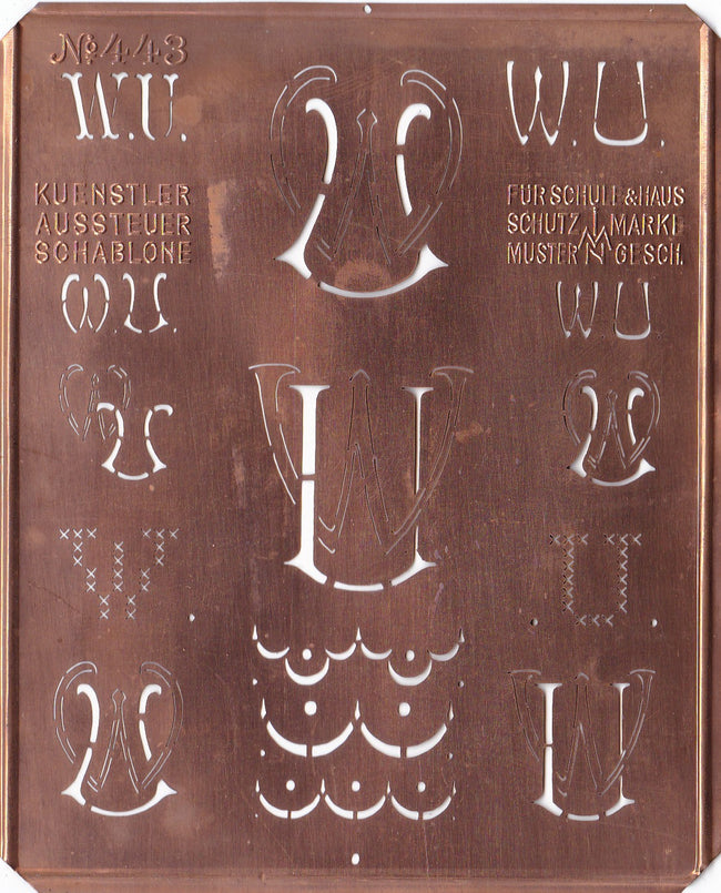 WU - Uralte Monogrammschablone aus Kupferblech