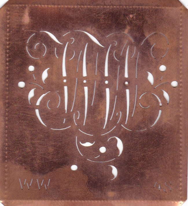WW - Alte Schablone aus Kupferblech mit klassischem verschlungenem Monogramm 