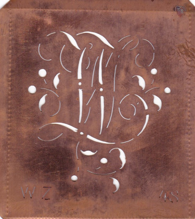 WZ - Alte Schablone aus Kupferblech mit klassischem verschlungenem Monogramm 