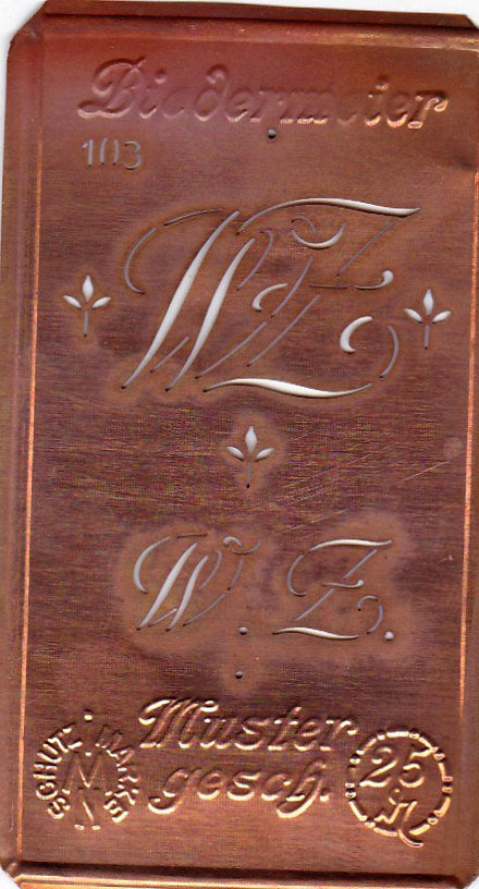 www.knopfparadies.de - WZ - Alte Stickschablone mit 2 zarten Monogrammen