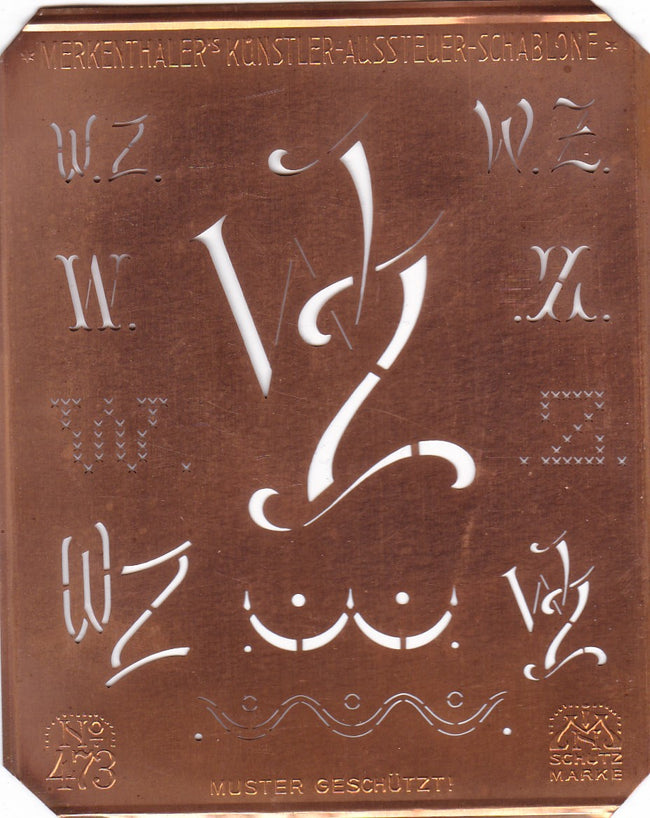 WZ - Alte Kupferschablone mit 7 verschiedenen Monogrammen